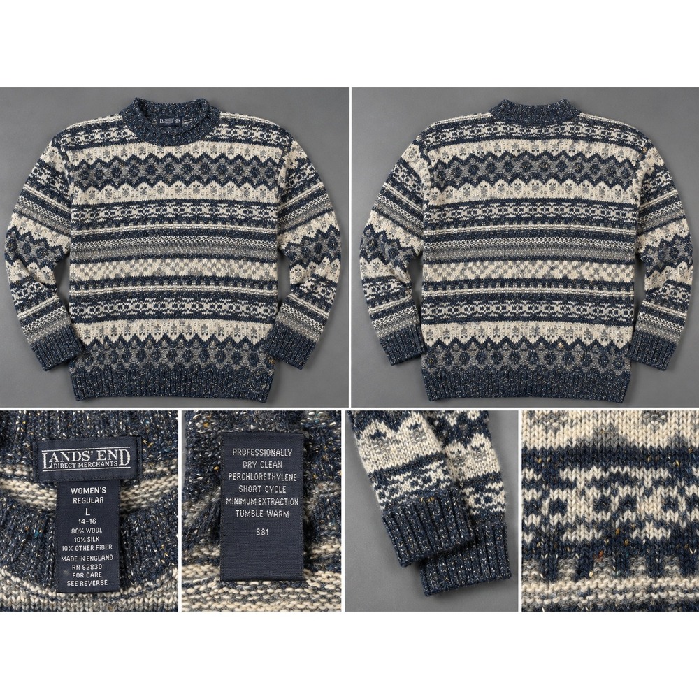 Lands End Vintage Wool Silk Fair Isle Sweater Womens Large Blue Made in England